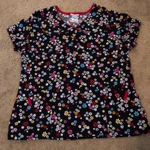 Black flower print scrub top